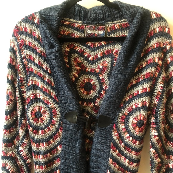 DESIGUAL funky print chunky knit toggle closure cardigan | size Large - Picture 2 of 8